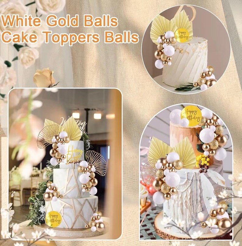 Write Gold Balls Cake Toppers Champagne Rose Cake Decoration with Gold Palm Leaves Boho Birthday Cake Decoration Balloon Cake for Birthday