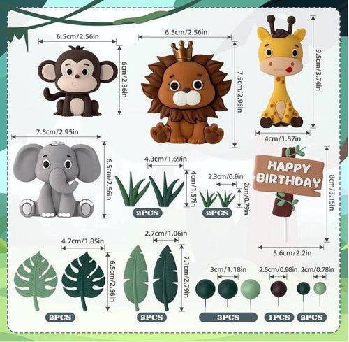 19pcs Safari Animal Cake Topper - Jungle Wild Cake Toppers with Leaves Balls Cake Decorations for Safari Animals Themed Birthday Party Decor