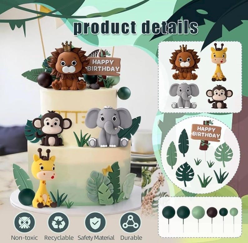 19pcs Safari Animal Cake Topper - Jungle Wild Cake Toppers with Leaves Balls Cake Decorations for Safari Animals Themed Birthday Party Decor