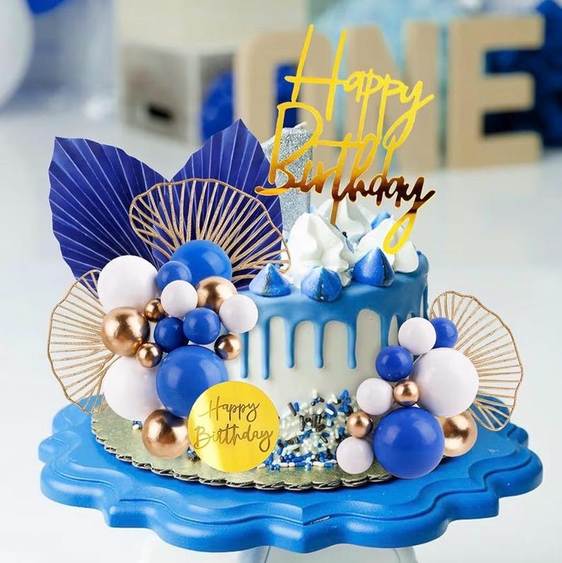 Blue White Gold Ball Cake Toppers Balls Cupcake Toppers Foam Ball Shaped Cake Picks DIY Balloon Cake Insert Topper Ball Birthday Cake Decor