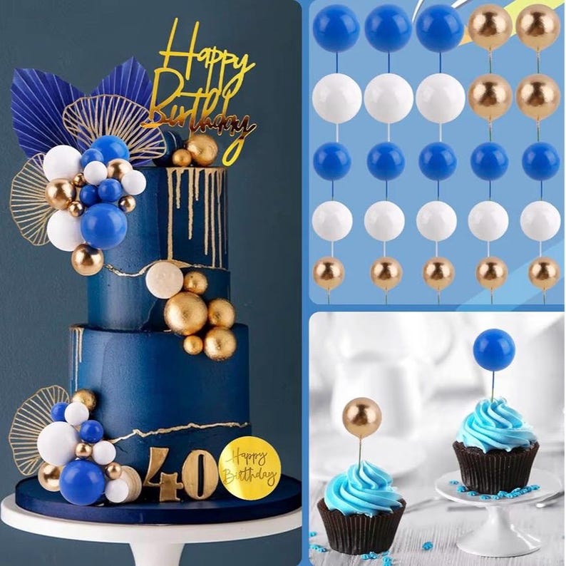 Blue White Gold Ball Cake Toppers Balls Cupcake Toppers Foam Ball Shaped Cake Picks DIY Balloon Cake Insert Topper Ball Birthday Cake Decor