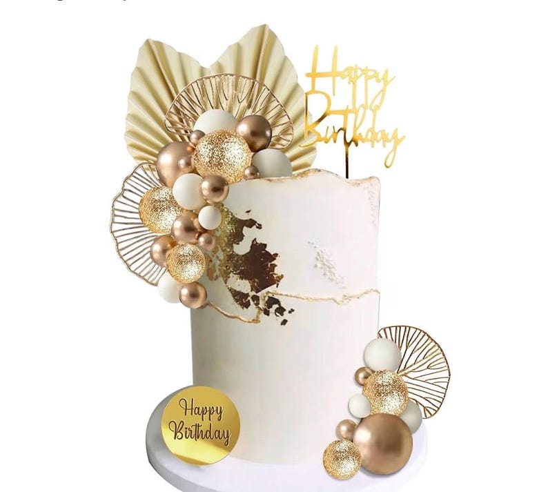 Write Gold Balls Cake Toppers Champagne Rose Cake Decoration with Gold Palm Leaves Boho Birthday Cake Decoration Balloon Cake for Birthday