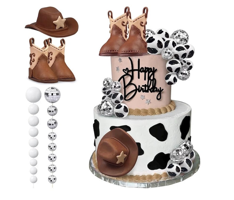 Cowboy Cake Decorations Cowboy Hat and Boot Cake Toppers Disco Ball Cake Topper Western Cowboy Cowgirl Birthday Baby Shower Party Favors