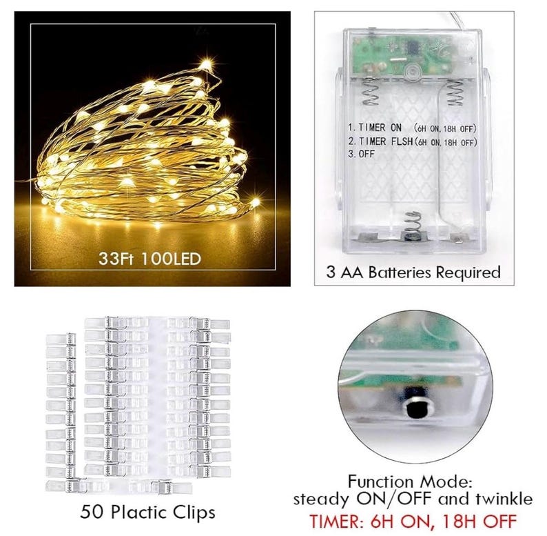 Photo String Lights with Clips for Hanging: 33Ft 100LED & Timer Fairy Light with 50 Clear Clip for Picture Display Indoor Bedroom Room Wall