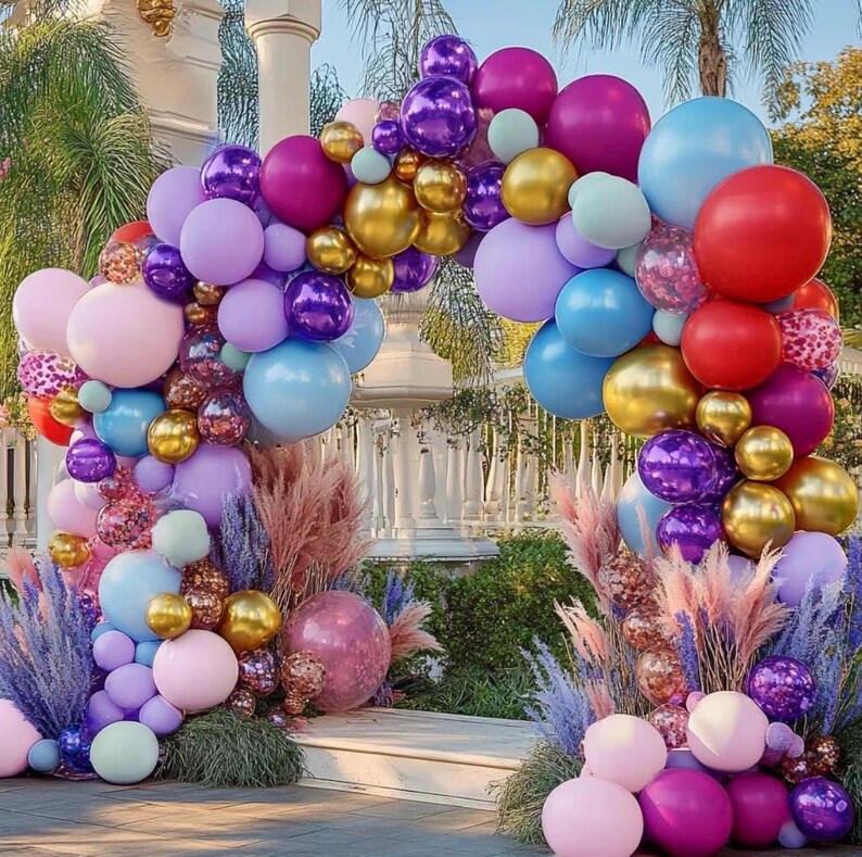 Pink Blue Purple Balloon Arch Double Stuffed Baby Blue Lavender Red Balloons Pastel Lilac Pink Gold  Balloon Garland Kit for Fairy Tea Party