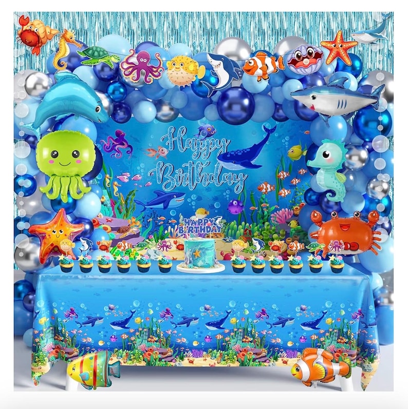 Under the Sea Party Decorations 98Pcs, Ocean Theme Birthday Party Supplies, Backdrop  Garlands Ocean Animals Balloons for Pool Beach Party