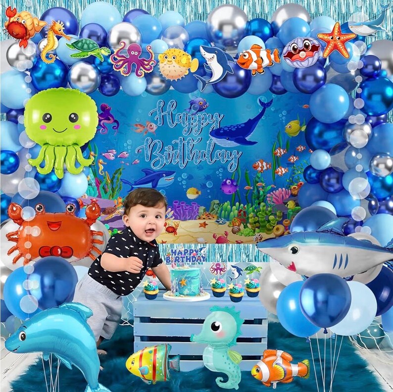 Under the Sea Party Decorations 98Pcs, Ocean Theme Birthday Party Supplies, Backdrop  Garlands Ocean Animals Balloons for Pool Beach Party