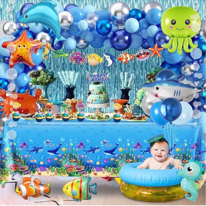 Under the Sea Party Decorations 98Pcs, Ocean Theme Birthday Party Supplies, Backdrop  Garlands Ocean Animals Balloons for Pool Beach Party