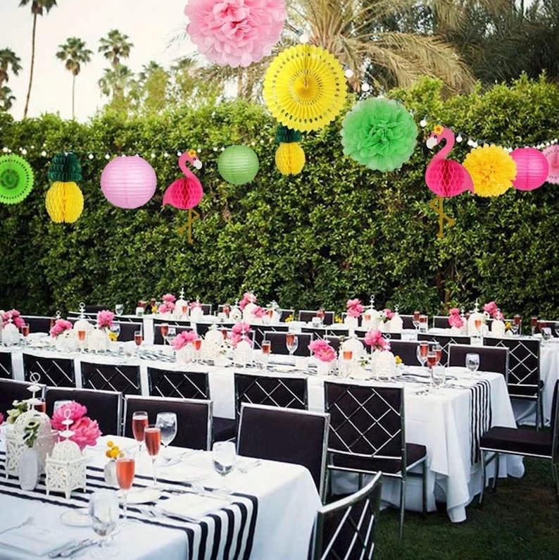 Flamingo Party Supplies, Hawaiian Party Decorations Flamingo and Pineapple Honeycomb Ball Paper Lanterns Paper Fans Pom poms Flowers