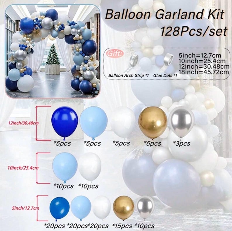 Navy Blue Balloon Garland Kit, Blue White Gold Silver Balloon Arch, Boys Birthday Baby Shower Graduation Party Decor, 128 Pcs Balloon Set