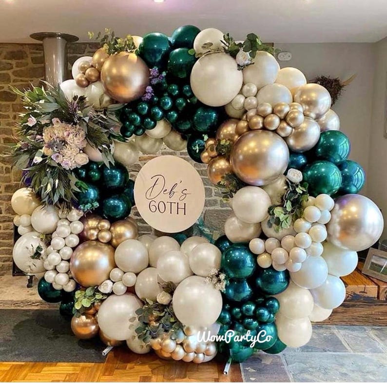 Emerald Green Gold Balloon Arch Garland Double Stuffed Dark Forest Green Pearl White Sand Ivory Balloon Kit for Birthday Wedding Anniversary
