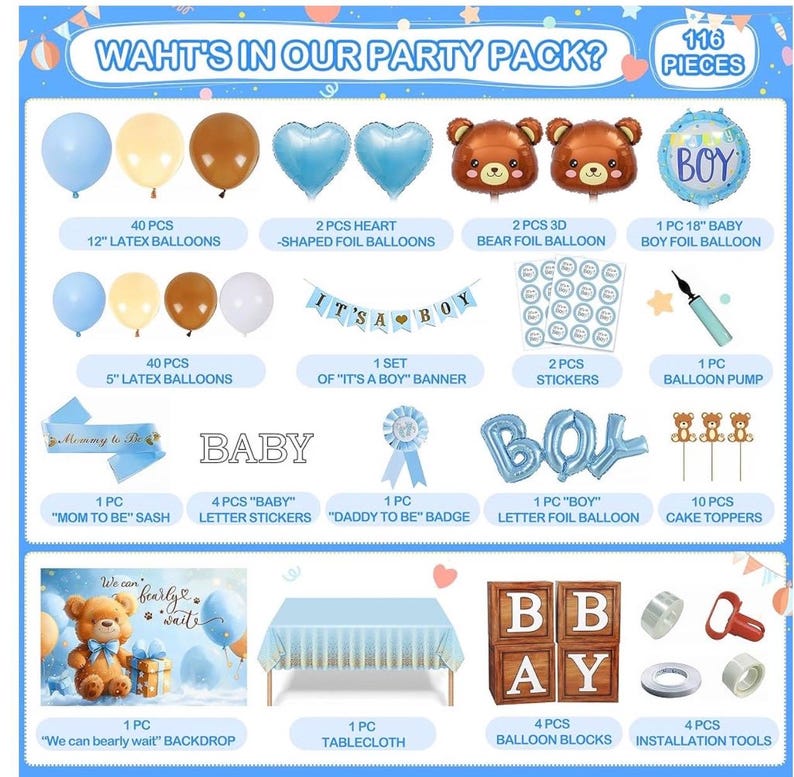 Bear Baby Shower Decorations Boy,80pcs Balloons, Wood Grain Blocks with Letter,"We can bearly wait"Backdrop,Banner,Balloon Blue Brown Bear