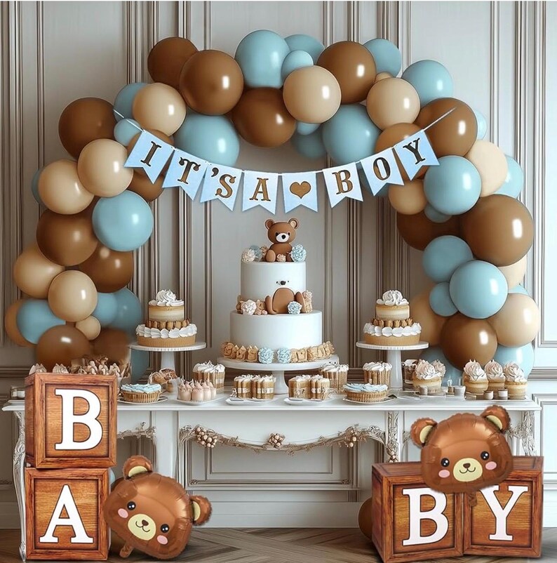 Bear Baby Shower Decorations Boy,80pcs Balloons, Wood Grain Blocks with Letter,"We can bearly wait"Backdrop,Banner,Balloon Blue Brown Bear