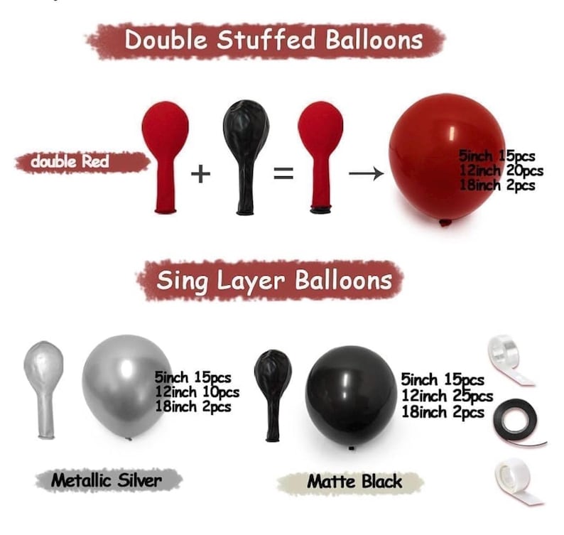 Black Red Silver Balloon Arch Kit - Double Stuffed Dark Red Ruby Black Balloon Garland Burgundy Maroon Metallic Color for Bday , Graduation
