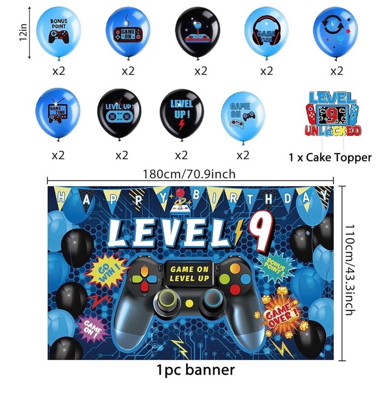 9th Birthday Decorations for Boys ,Green Video Game Level 9 Banner Backdrop Honeycomb Centerpieces Hanging Swirls for Gamer 9 Years Old