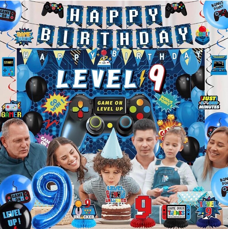 9th Birthday Decorations for Boys ,Green Video Game Level 9 Banner Backdrop Honeycomb Centerpieces Hanging Swirls for Gamer 9 Years Old