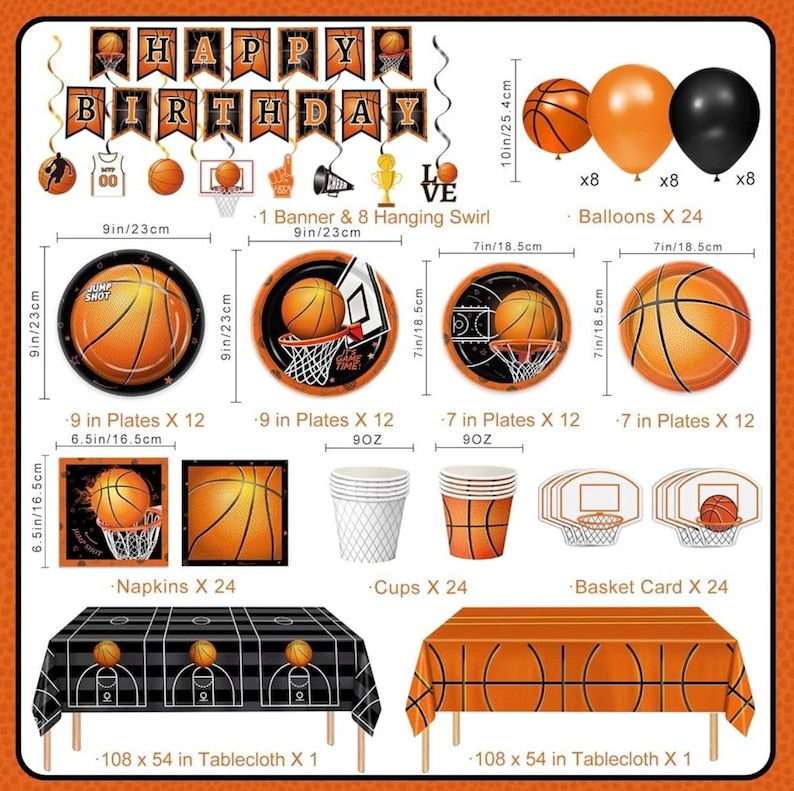 155pcs Basketball Party Decorations ,Basketball Party Supplies - Plates,Napkins,Cups,Banner,Hanging Swirls,Balloons, for Basketball Birthday