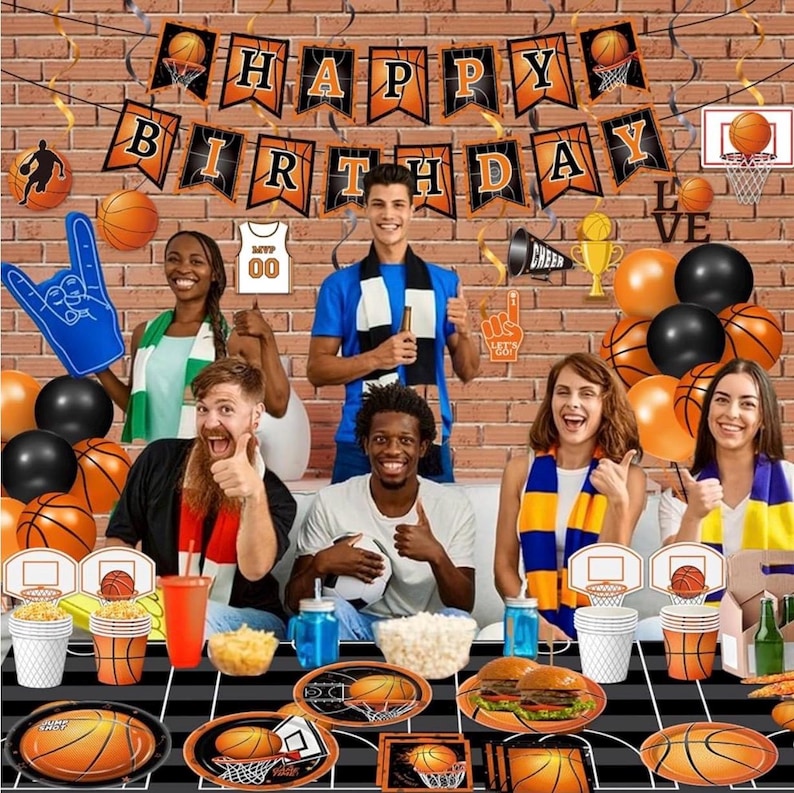 155pcs Basketball Party Decorations ,Basketball Party Supplies - Plates,Napkins,Cups,Banner,Hanging Swirls,Balloons, for Basketball Birthday