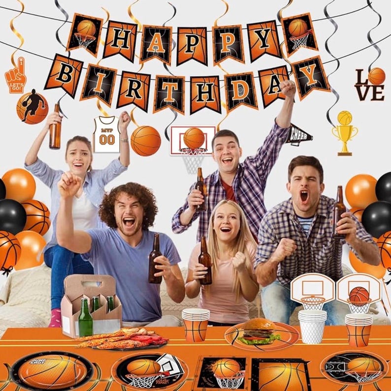 155pcs Basketball Party Decorations ,Basketball Party Supplies - Plates,Napkins,Cups,Banner,Hanging Swirls,Balloons, for Basketball Birthday