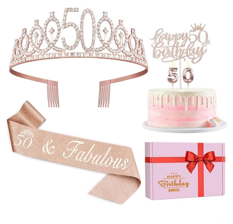 50th Birthday Decorations, 50th Birthday Gifts for Women, Including 50th Crown/Tiara ,Sash, Happy 50 Birthday Cake Topper and 50th Candles