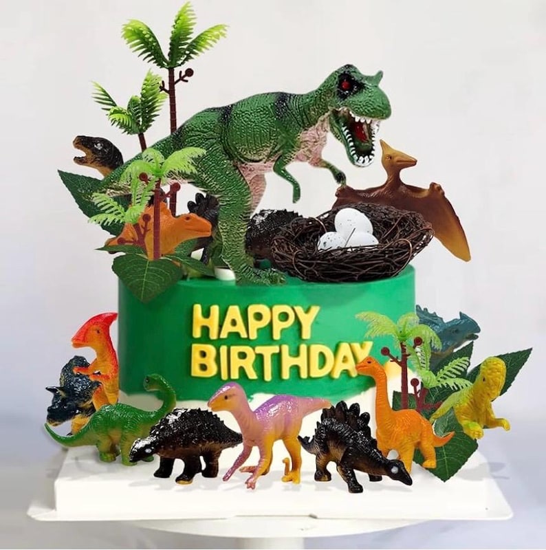 26 PCS Dinosaur Cake Toppers With Dinosaur Eggs Leaves Trees Cake Decorations For Birthday,Dinosaur Themed,Jungle Safari, Wild Animals Party