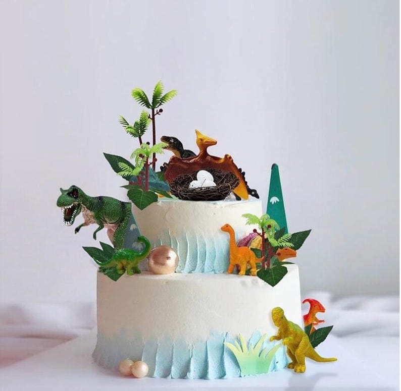 26 PCS Dinosaur Cake Toppers With Dinosaur Eggs Leaves Trees Cake Decorations For Birthday,Dinosaur Themed,Jungle Safari, Wild Animals Party