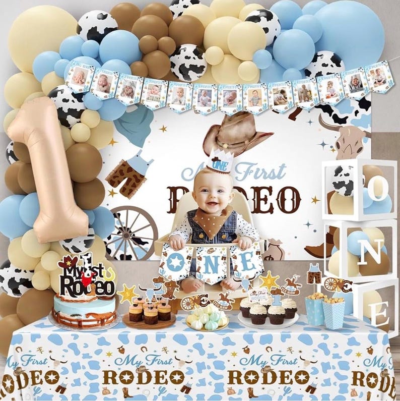 My First Rodeo Birthday Party Decorations, Cowboy 1st Birthday Party Supplies,First Rodeo Birthday Backdrop Balloons Arch Box for 1 Year Old