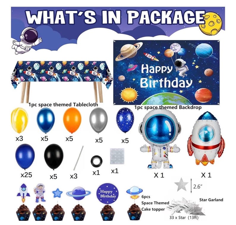 96pcs Outer Space Astronaut Party Decorations - Galaxy Themed Party Supplies Happy Birthday Backdrop,Tablecloth,Star Garland,Balloons Rocket