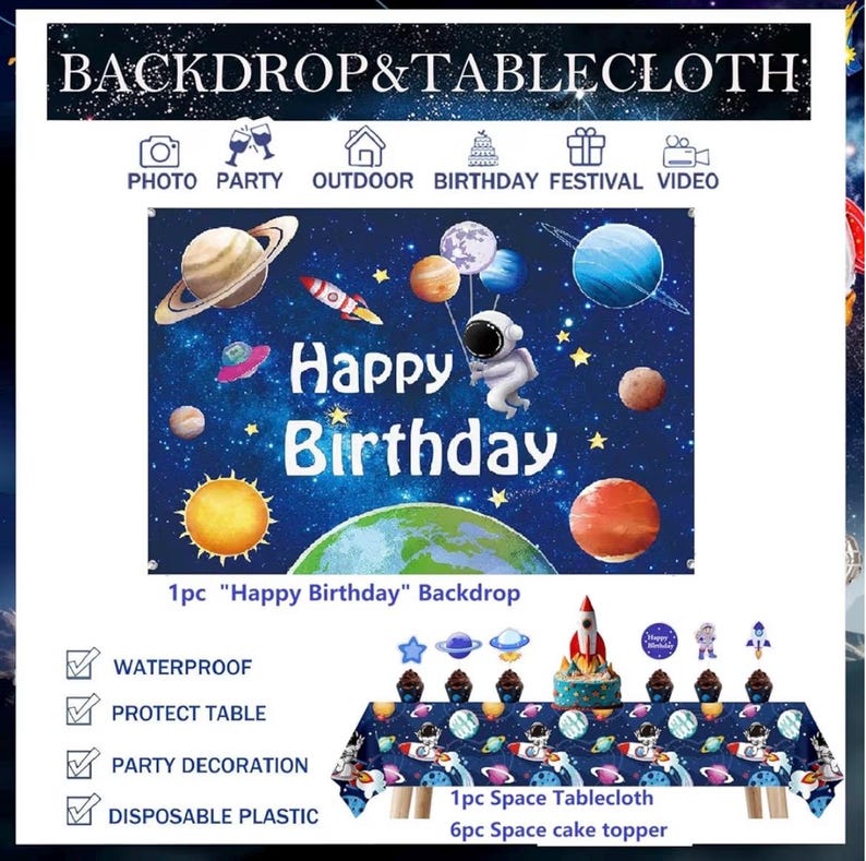 96pcs Outer Space Astronaut Party Decorations - Galaxy Themed Party Supplies Happy Birthday Backdrop,Tablecloth,Star Garland,Balloons Rocket