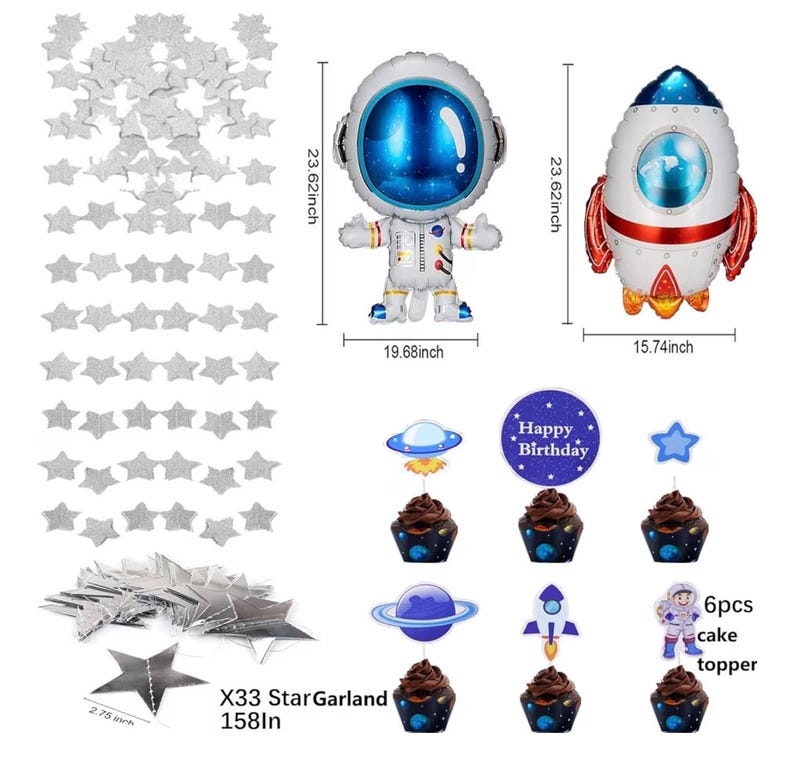 96pcs Outer Space Astronaut Party Decorations - Galaxy Themed Party Supplies Happy Birthday Backdrop,Tablecloth,Star Garland,Balloons Rocket