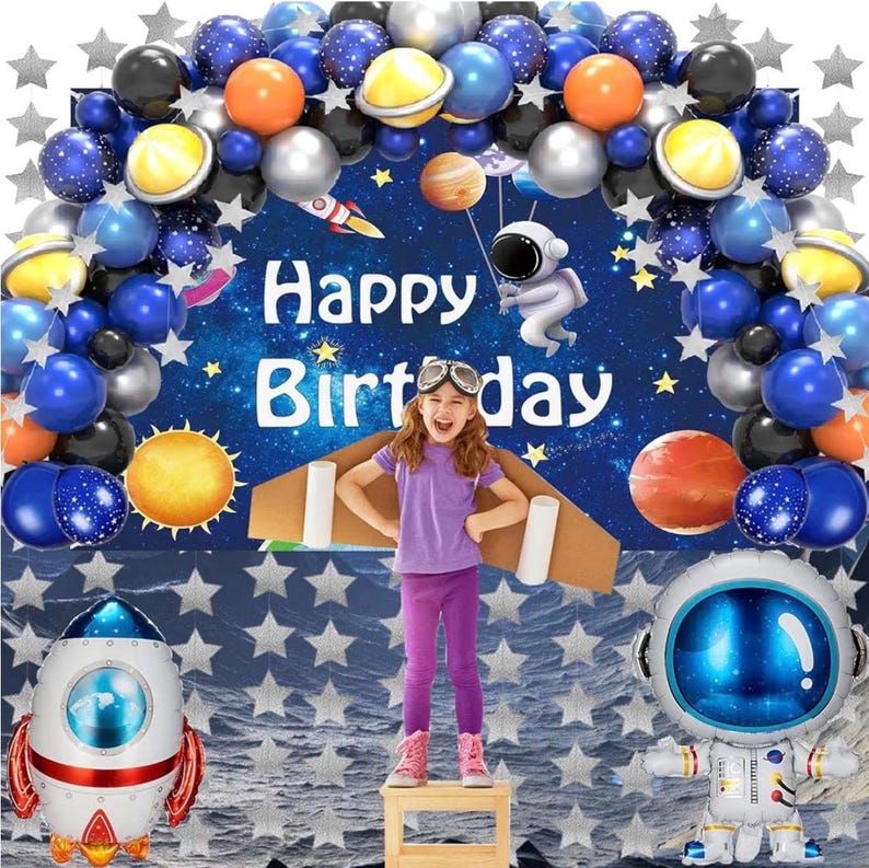 96pcs Outer Space Astronaut Party Decorations - Galaxy Themed Party Supplies Happy Birthday Backdrop,Tablecloth,Star Garland,Balloons Rocket