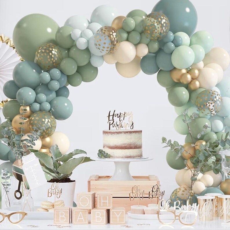 173Pcs Dusty Blue Green Balloon Garland Arch Kit, Haze Fog Blue Ash Mist Sage Green Sand White Gold Confetti Balloons for Baby Shower Weddin