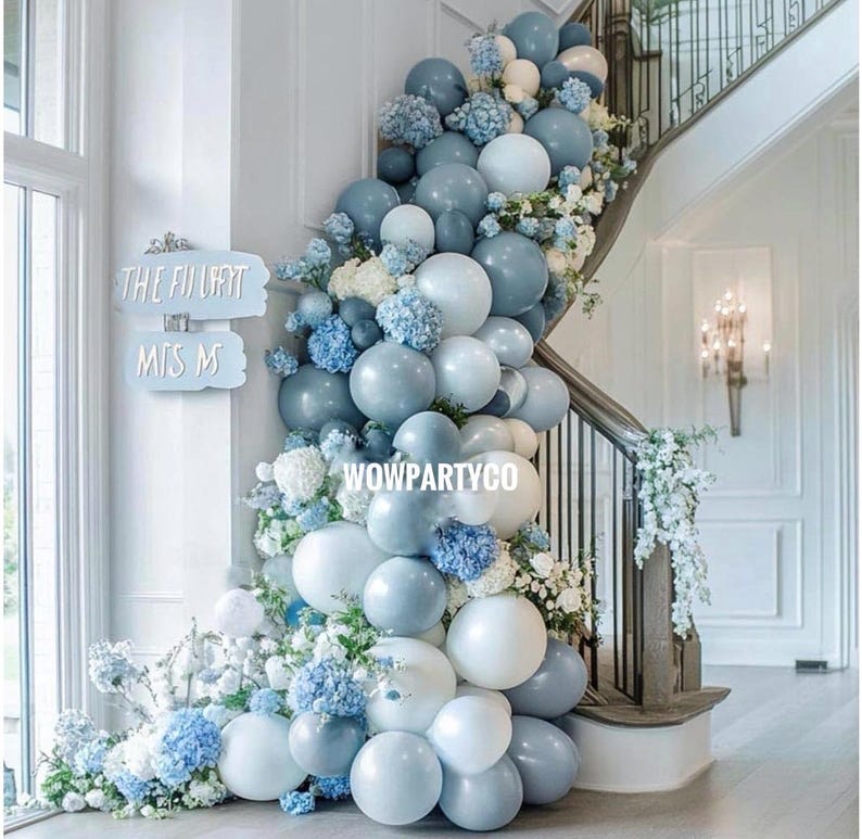 Dusty Blue White Balloon Arch - Double Stuffed Pastel Slate Baby Blue Matte White Latex Balloon Garland Kit for Wedding Baby Shower Birthday