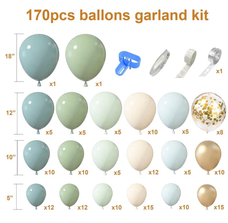 173Pcs Dusty Blue Green Balloon Garland Arch Kit, Haze Fog Blue Ash Mist Sage Green Sand White Gold Confetti Balloons for Baby Shower Weddin