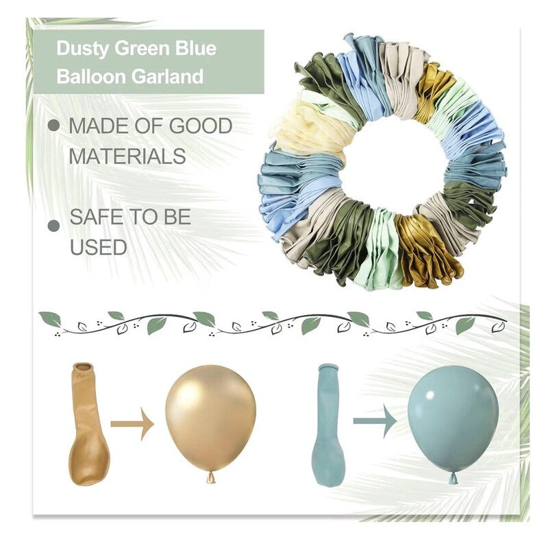 173Pcs Dusty Blue Green Balloon Garland Arch Kit, Haze Fog Blue Ash Mist Sage Green Sand White Gold Confetti Balloons for Baby Shower Weddin