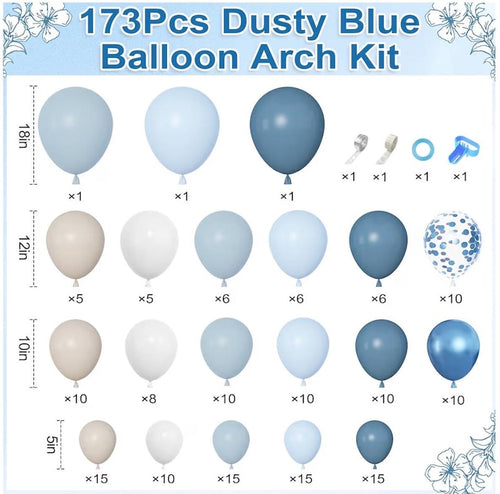 173Pcs Dusty Blue Balloon Arch Garland Kit,Baby Light Dusty Blue White Sand Metallic Blue Confetti Balloons for Boy Baby Shower Gender Party
