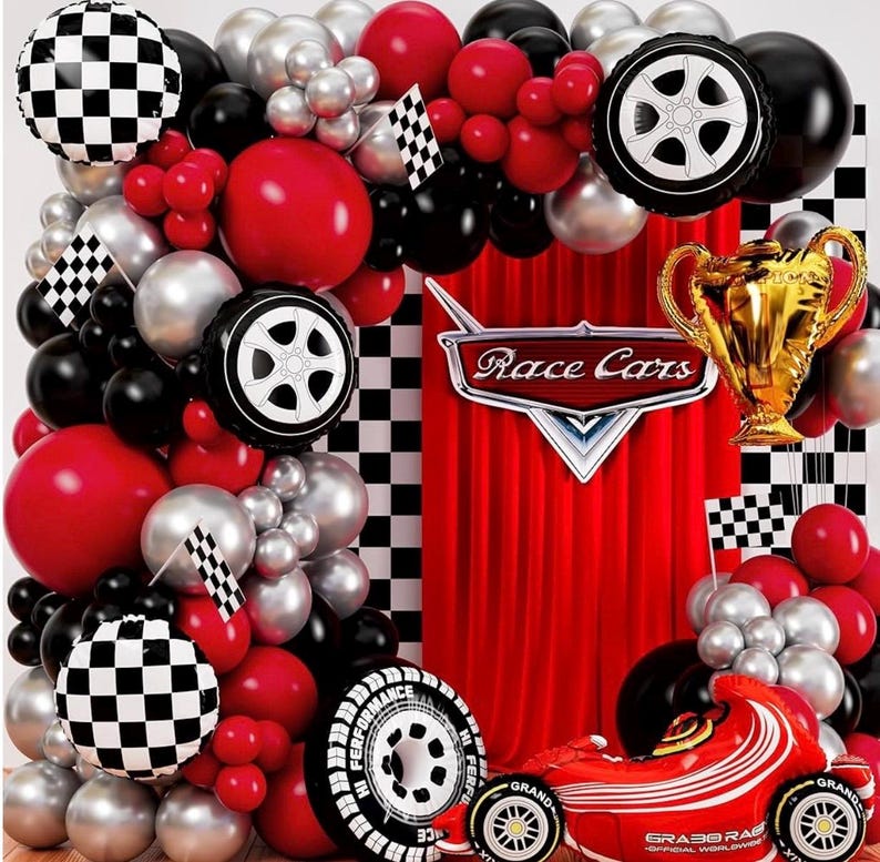 Race Car Balloon Arch Kit with BONUS Trophy & Number 2 - Cars Balloon Garland Kit for Lightning McQueen Cars 2 Birthday Hot Wheels Balloons