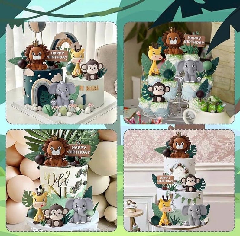 19pcs Safari Animal Cake Topper - Jungle Wild Cake Toppers with Leaves Balls Cake Decorations for Safari Animals Themed Birthday Party Decor