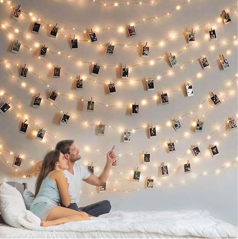 Photo String Lights with Clips for Hanging: 33Ft 100LED & Timer Fairy Light with 50 Clear Clip for Picture Display Indoor Bedroom Room Wall