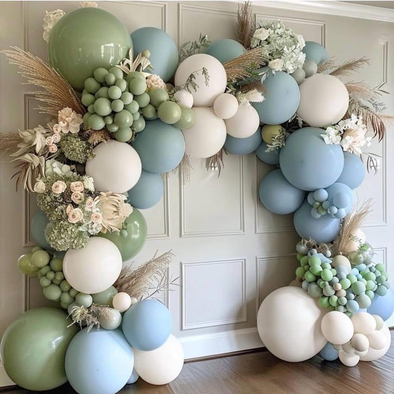 Dusty Blue Green Balloon Garland Arch Kit Avocado Green Balloons  Pastel Blue Balloons Kit For Jungle Safari Neutral Birthday Baby Shower