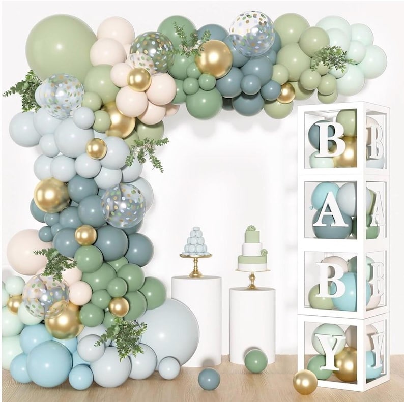153Pcs Dusty Blue Green Balloons Baby Shower Decorations, Haze Fog Blue Mist Sage Green Balloon Arch Kit Baby Boxes for Boho  Baby Shower