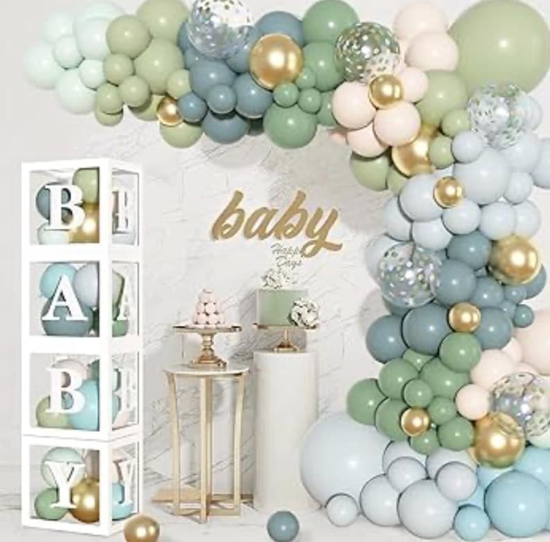 153Pcs Dusty Blue Green Balloons Baby Shower Decorations, Haze Fog Blue Mist Sage Green Balloon Arch Kit Baby Boxes for Boho  Baby Shower