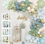 153Pcs Dusty Blue Green Balloons Baby Shower Decorations, Haze Fog Blue Mist Sage Green Balloon Arch Kit Baby Boxes for Boho  Baby Shower
