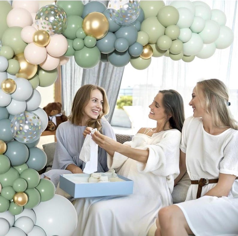 153Pcs Dusty Blue Green Balloons Baby Shower Decorations, Haze Fog Blue Mist Sage Green Balloon Arch Kit Baby Boxes for Boho  Baby Shower