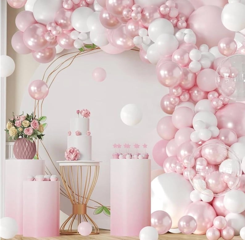 Pink Balloon Arch Kit 108Pcs Double Stuffed Balloons Garland Including Pink Pearl White Macaron Pink Balloons Different Size for Birthday