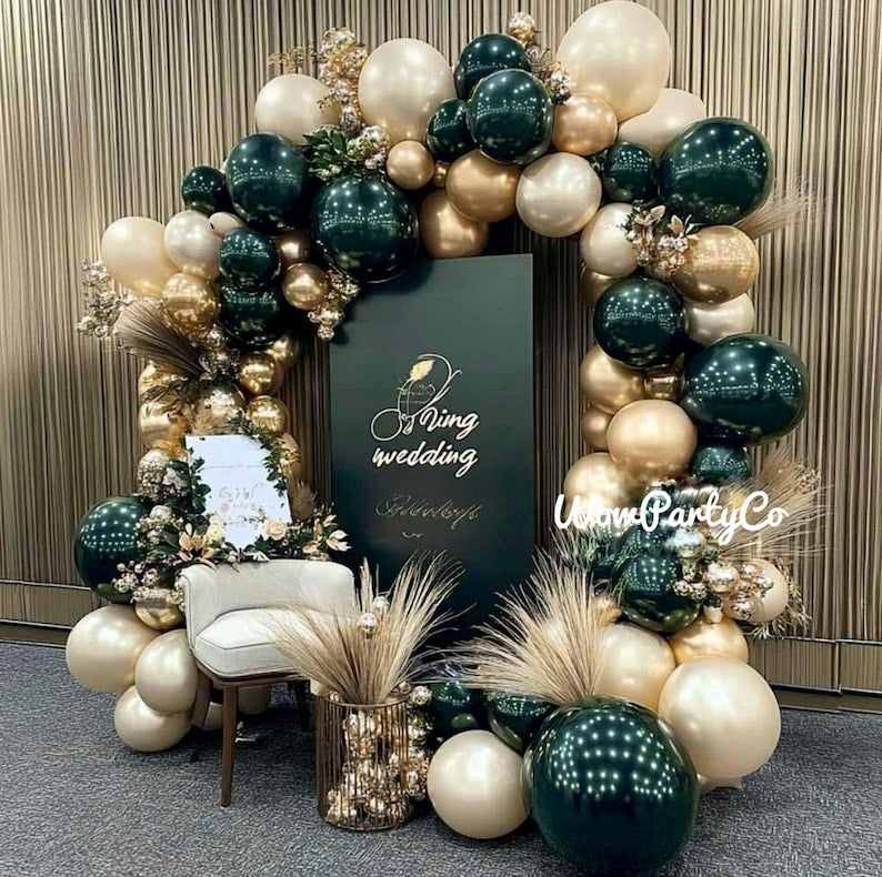 Emerald Green Gold Balloon Arch Garland Double Stuffed Dark Forest Green Pearl White Sand Ivory Balloon Kit for Birthday Wedding Anniversary