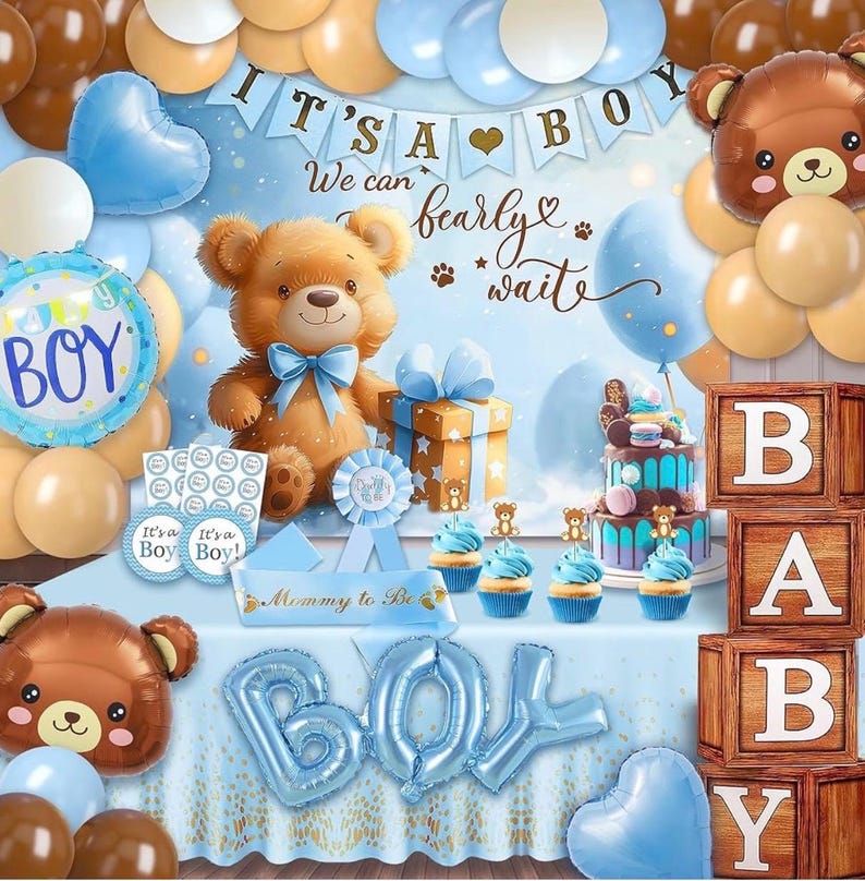 Bear Baby Shower Decorations Boy,80pcs Balloons, Wood Grain Blocks with Letter,"We can bearly wait"Backdrop,Banner,Balloon Blue Brown Bear