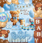 Bear Baby Shower Decorations Boy,80pcs Balloons, Wood Grain Blocks with Letter,"We can bearly wait"Backdrop,Banner,Balloon Blue Brown Bear