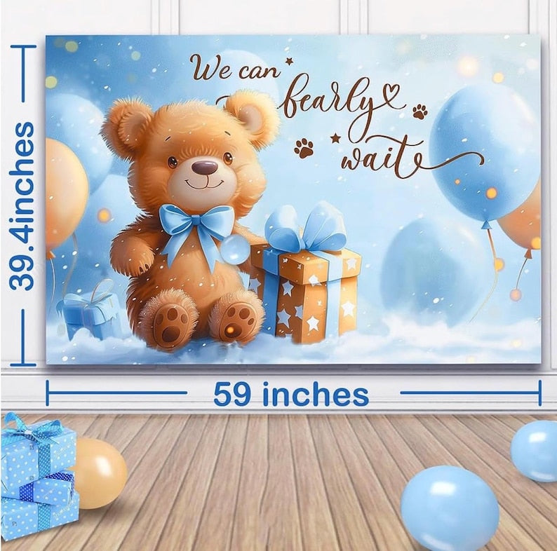 Bear Baby Shower Decorations Boy,80pcs Balloons, Wood Grain Blocks with Letter,"We can bearly wait"Backdrop,Banner,Balloon Blue Brown Bear