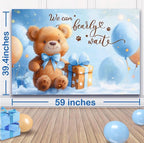 Bear Baby Shower Decorations Boy,80pcs Balloons, Wood Grain Blocks with Letter,"We can bearly wait"Backdrop,Banner,Balloon Blue Brown Bear
